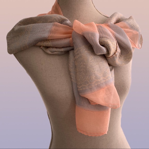 Pink Peach Sheer Silver Stripe Silk Scarf Wrap Shawl Silk Blend - Picture 5 of 6
